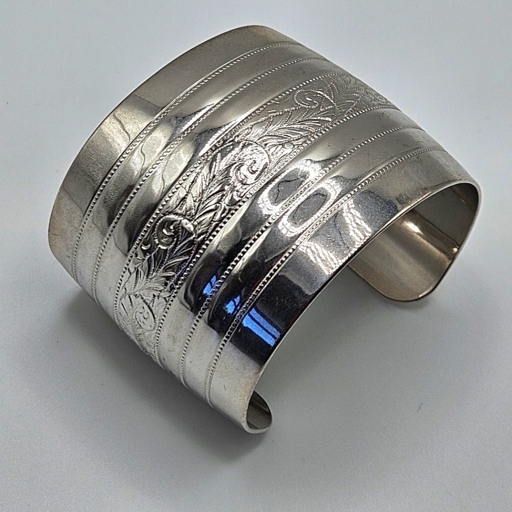 VINTAGE Monet Polished Silver Tone Etched Design Wide 2" Cuff Bracelet Signed 80